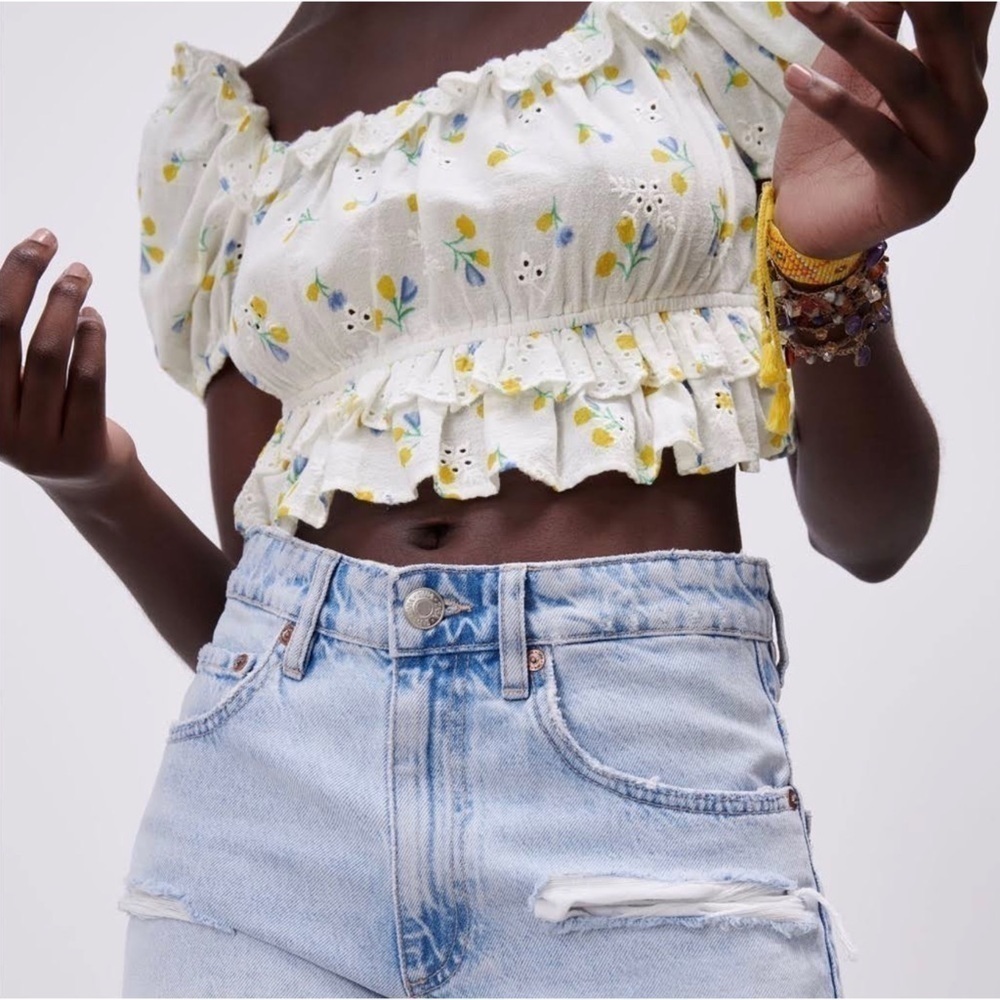 Zara floral cropped top 100 cotton cottagecore cute white yellow ivory S smocked